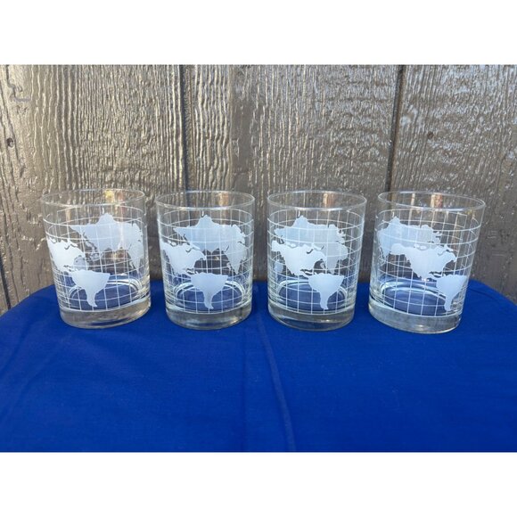 Set Of 4 Vintage Nestle Etched World Map Drinking Glasses Clear 10 Oz Drinkware - Picture 3 of 5